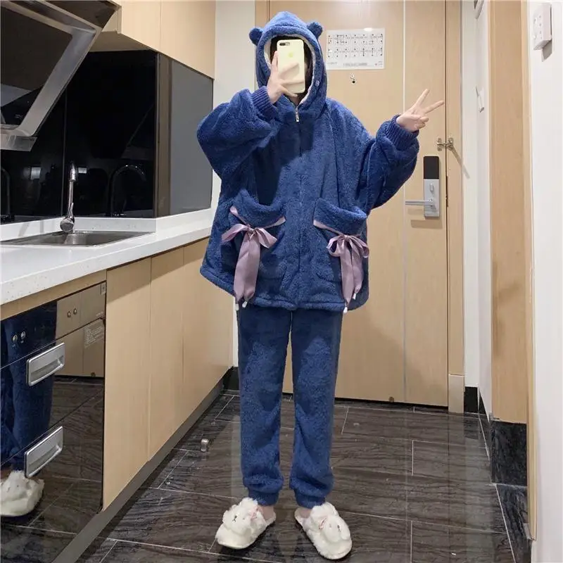 

Пижамный комплект из кораллового флиса, женский пижамный комплект, женские теплые зимние пижамы, модная домашняя одежда, пижамы, милый и мягкий пижамный комплект