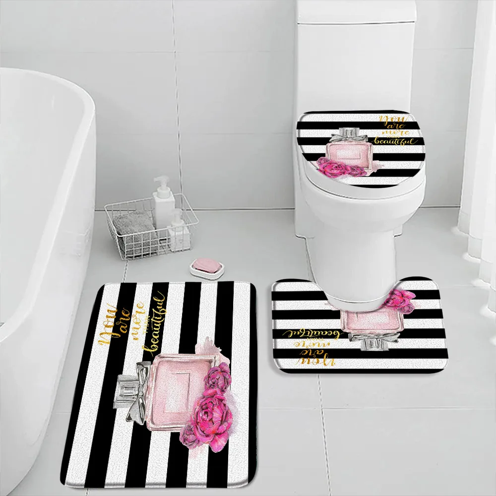 Pink Perfume Bottle Bath Mat Sets Pink Flowers Cosmetics High-heels Bathroom Decor Modern Fashion Bath Rug Toilet Lid Cover