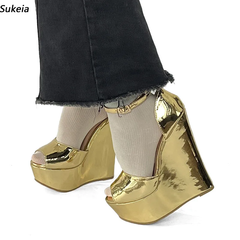 

Sukeia/женские сандалии ручной работы на платформе, на танкетке, на высоком каблуке с круглым носком, великолепная золотая обувь для вечеринок, женские размеры США, большие размеры 5-20