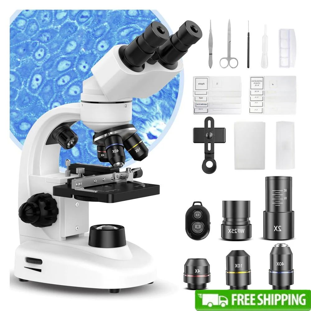 Compound Binocular Microscope 2000X Magnification Laboratory School Home LED Metal Black White Angle of View 45 Degrees 5.62