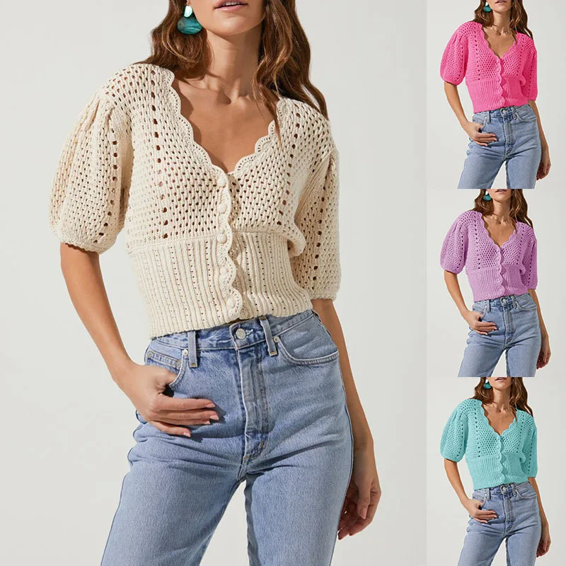 

2025 Summer European and American Women's New Knitted Single Breasted Hollow Top Short Bubble Sleeves