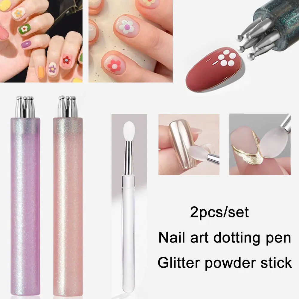 2Pcs Set 5 Petal Flower Nail Dotting Pen Multi function Steel Bead Dotting Tool One stroke Petal Flower Pattern DIY Nail Art Dec