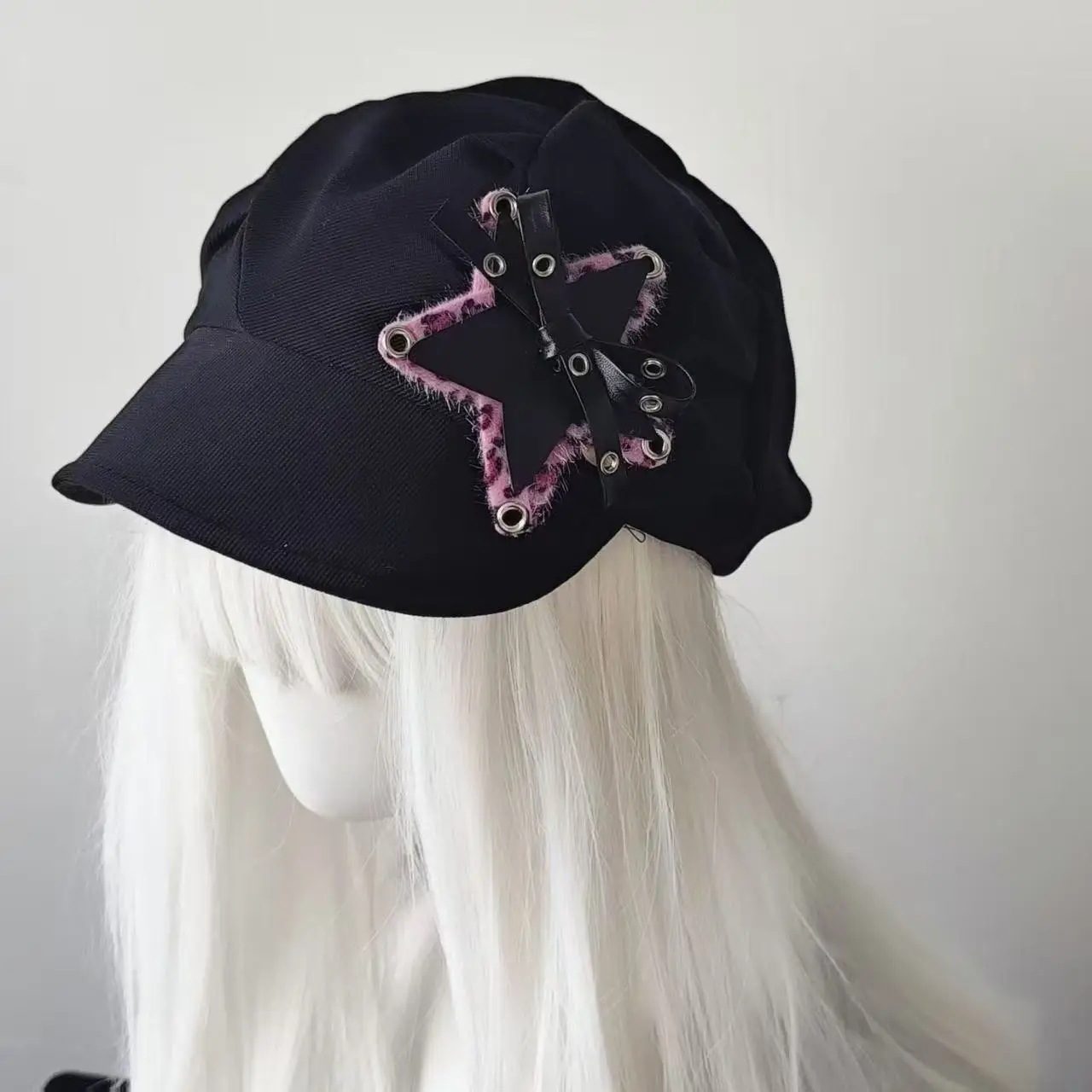 حار فتاة الوردي ليوبارد طباعة ستار الشرير قبعة لوليتا صور Y2K ثقافة فرعية النمط الياباني الرجعية قبعة الباردة قبعة المثمن قبعة قبعة #1