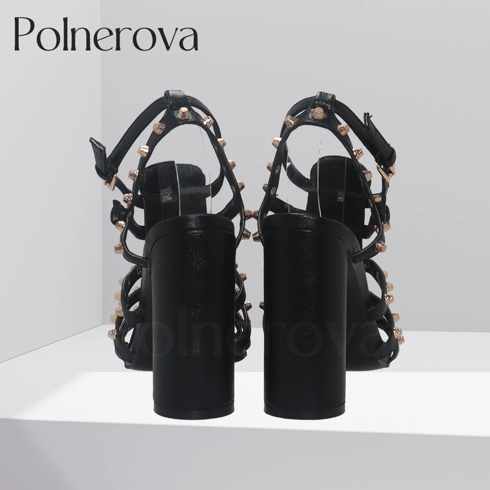 Gold Rivet Gladiator Sandals Double Buckle Black Leather Sandals Cylindrical Heel Summer Shoes Novelty Design Round Toe Sandals