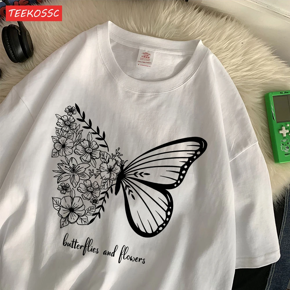 Lässige Baumwolle Damen T-Shirts einfache Schmetterlinge und Blumen gedruckt Streetwear weiche atmungsaktive übergroße Mode weibliche Kleidung