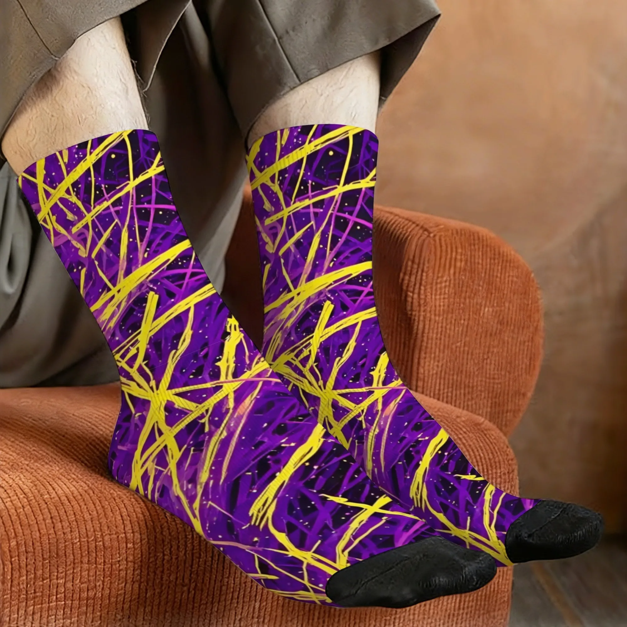 Fluorescent Trendy Abstract Line Mid-calf Socks Deep Purple Fashionable for Music Festivals Night Parties Breathable Comfortable