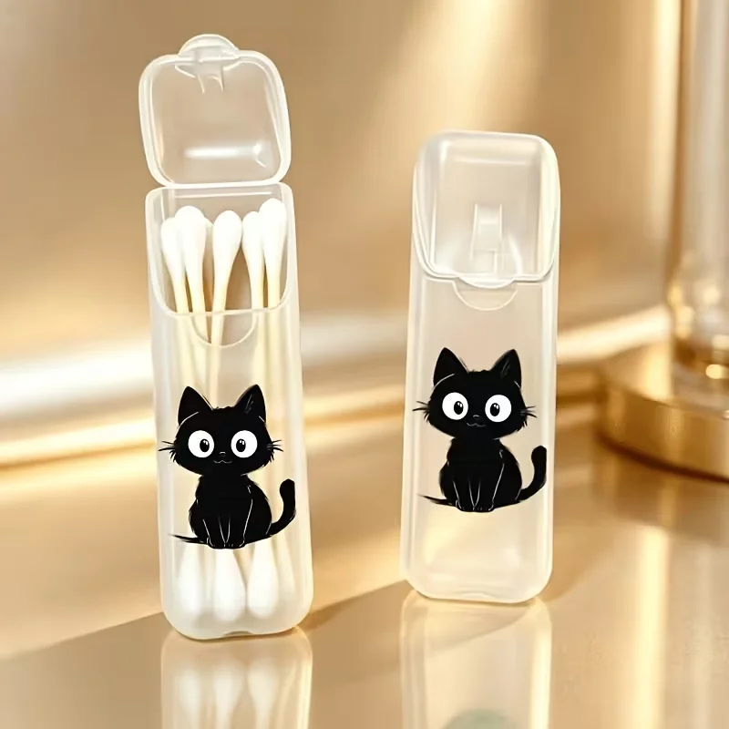 2PC New Cute Black Cat Print Portable Travel Cotton Swab Storage Box and Floss Storage Box (Box Only), Portable Storage, Cotton