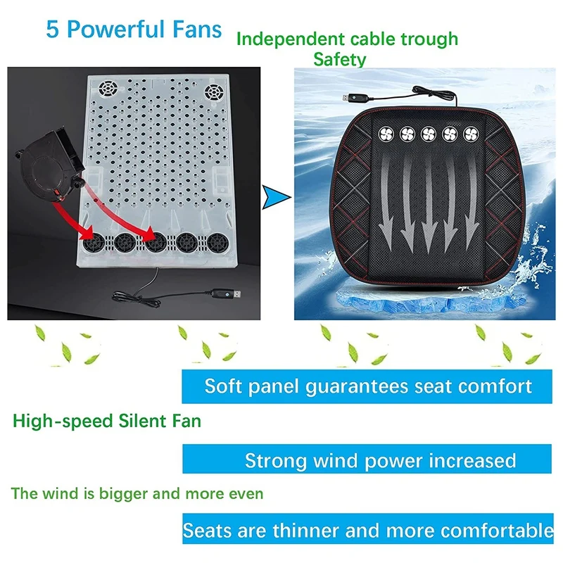 USB Cooling Car Seat Cushion For Car 3 Level Regulation Breathable Ventilated For Summer Truck, Office