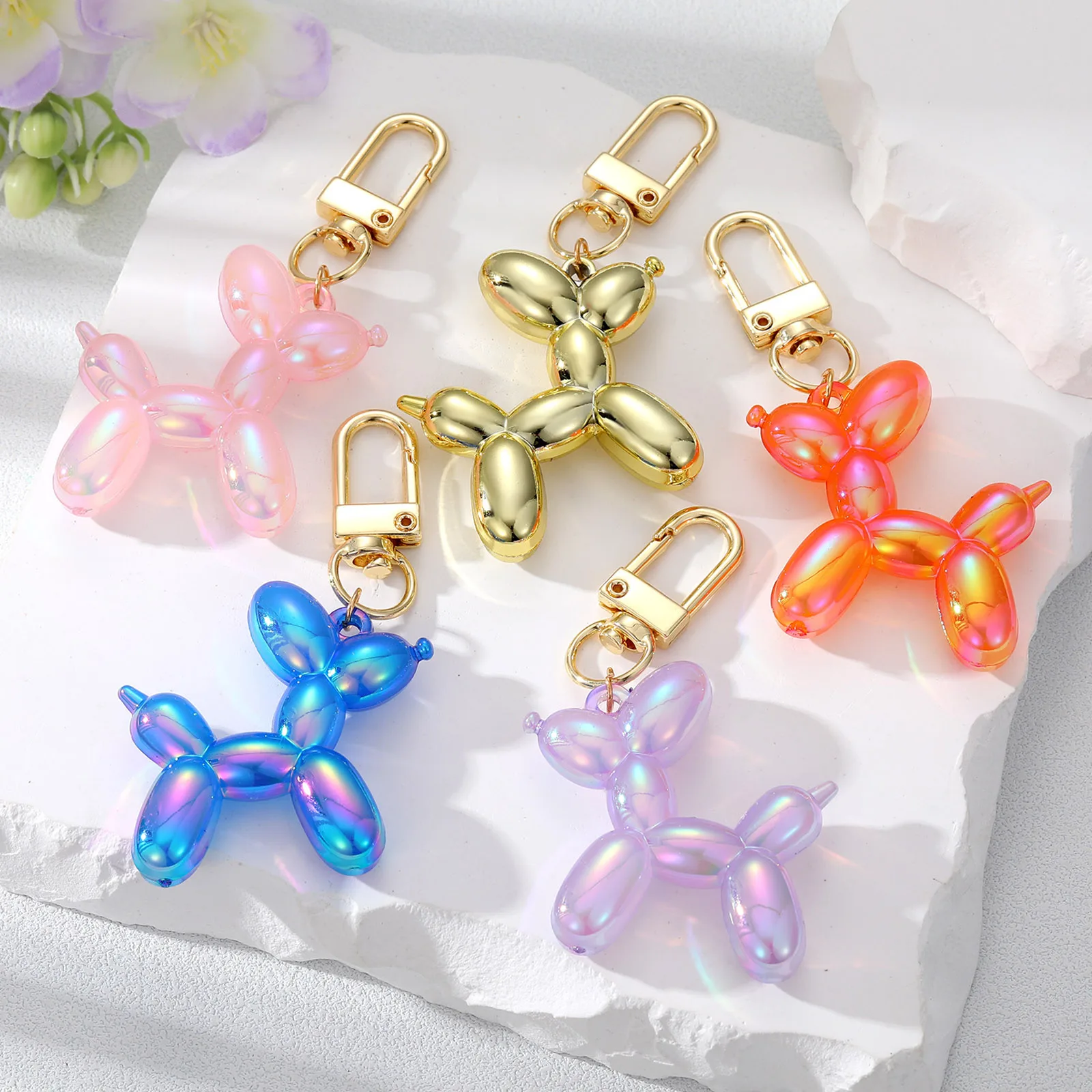 Fashion Multicolor Resin Balloon Dog Animal Laser Keychains Gold Color Metal Keyring Couple Key Ring Bag Jewelry 7cm x 4cm,1PC