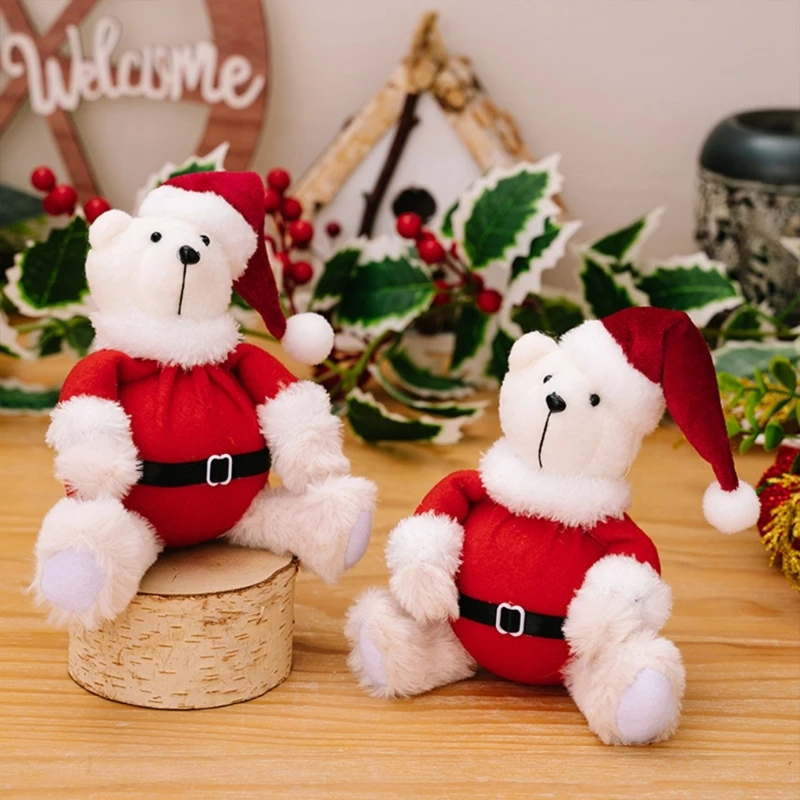 2025 Baru Beruang Lembut Lembut dengan Kostum Santa Patung Beruang Duduk Boneka Hewan Koleksi Aksesori Rumah Bertema