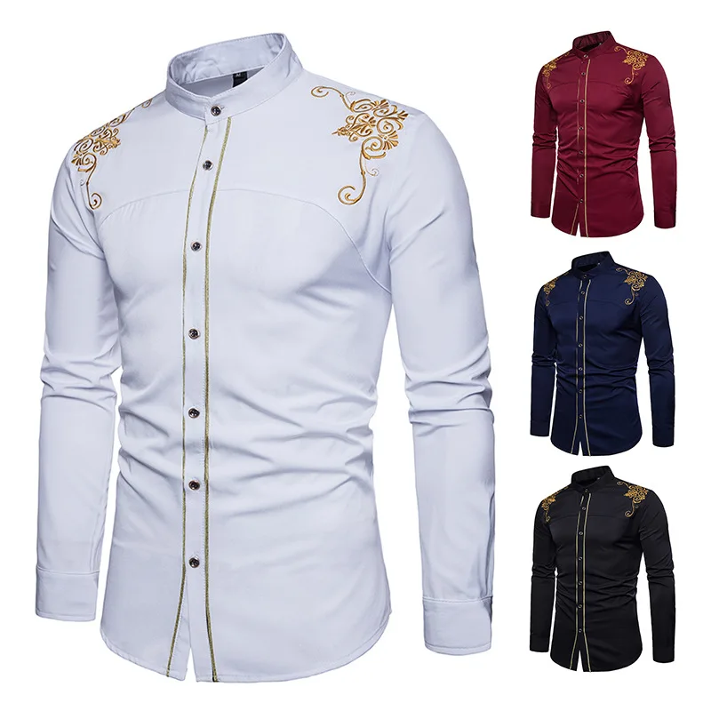 New Fashion Men's Long Sleeved Shirts for Spring and Summer, European and American Palace Embroidered Long Sleeved Shirts