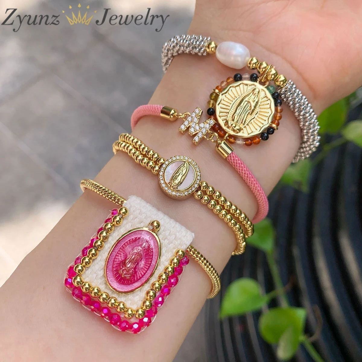 

5PCS, Fashion Cubic Zirconia Pearl Shell Beads Bracelet, Color Virgin Mary Jesus Bracelets For Party Women Jewelry