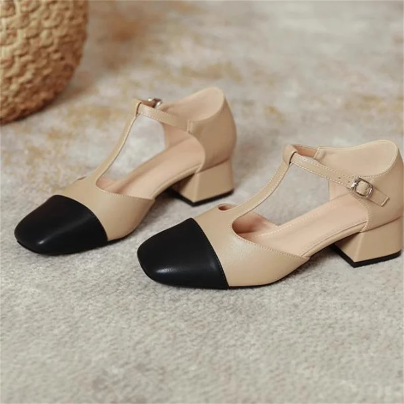 

Buckle Shoes for Ladies Square Toes Churry High Heels Mixed Colors Female Sandals Sewing Lines Tacones Ankle Strap Zapatos Mujer