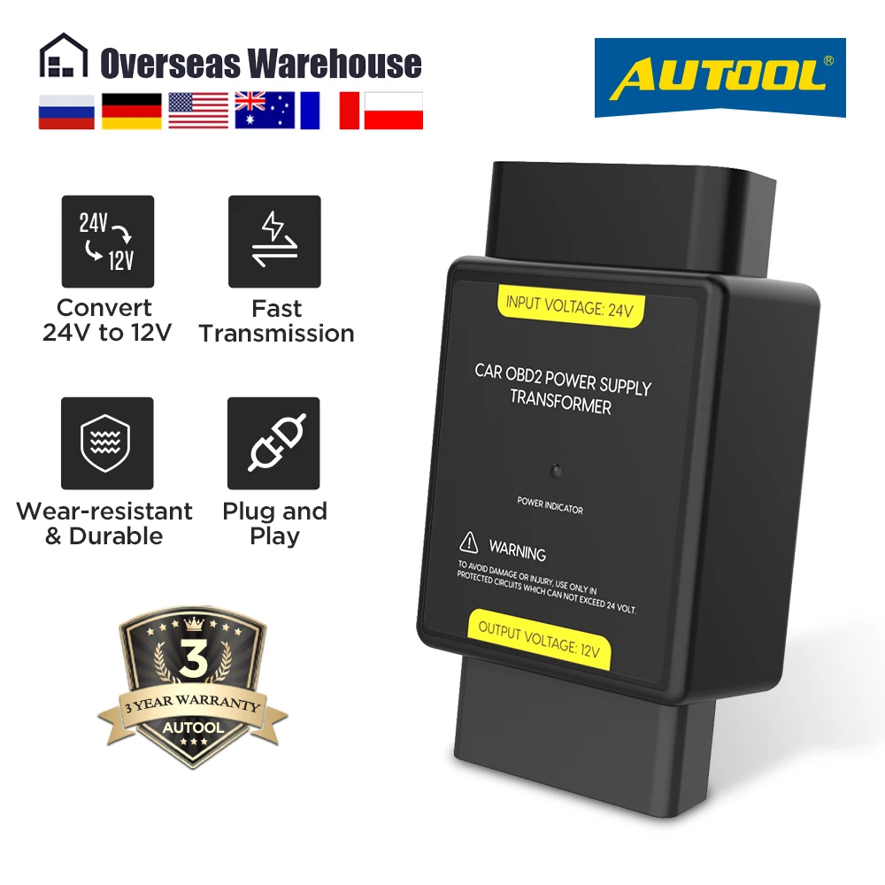 AUTOOL-transformador de fuente de alimentación OBD para coche, adaptador de corriente de 24V a 12V, voltaje de entrada de 24V, voltaje de salida de 12V, adaptador convertidor OBD