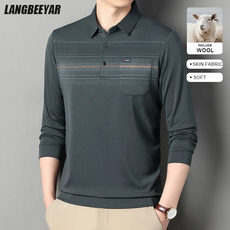 

Мужская рубашка поло из смесовой шерсти с длинным рукавом Корпоративная одежда Ребристая окантовка Простой дизайн Комфортная посадка Four Season Essentia