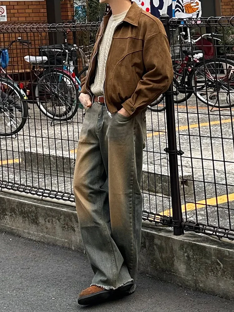 

MYQ Faux Suede Short Leather Jacket for Men - Autumn/Winter - Loose Fit, Lapel Jacket - Korean Retro Style