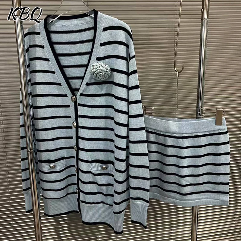 

KBQ Casual Slim Stripe Two Piece Sets For Women V Neck Long Sleeve Spliced Appliques Top High Waist Mini Skirt Chic Set Female