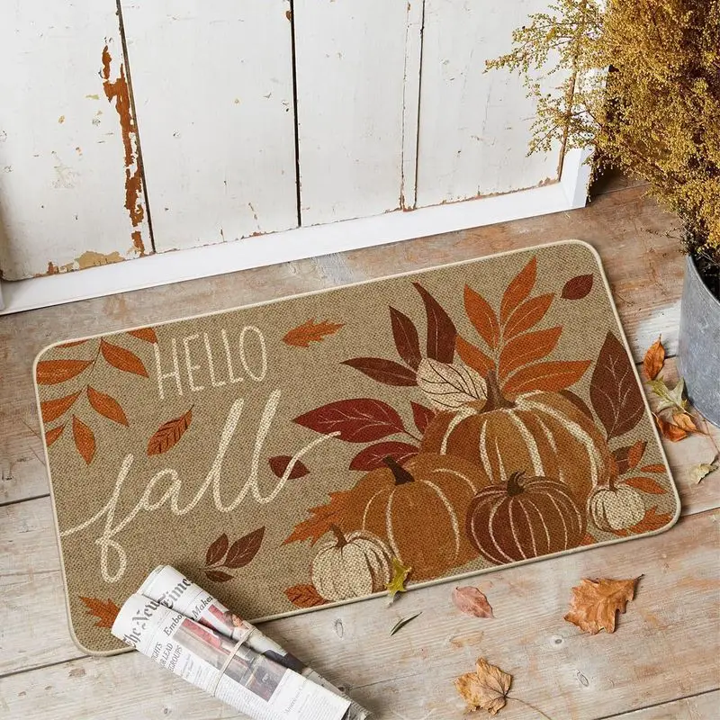 VIKAMA Hello Pumpkin Door Mat Leopard Buffalo Plaid Print Non Slip Rug For Entryway Front Door Fall Decor