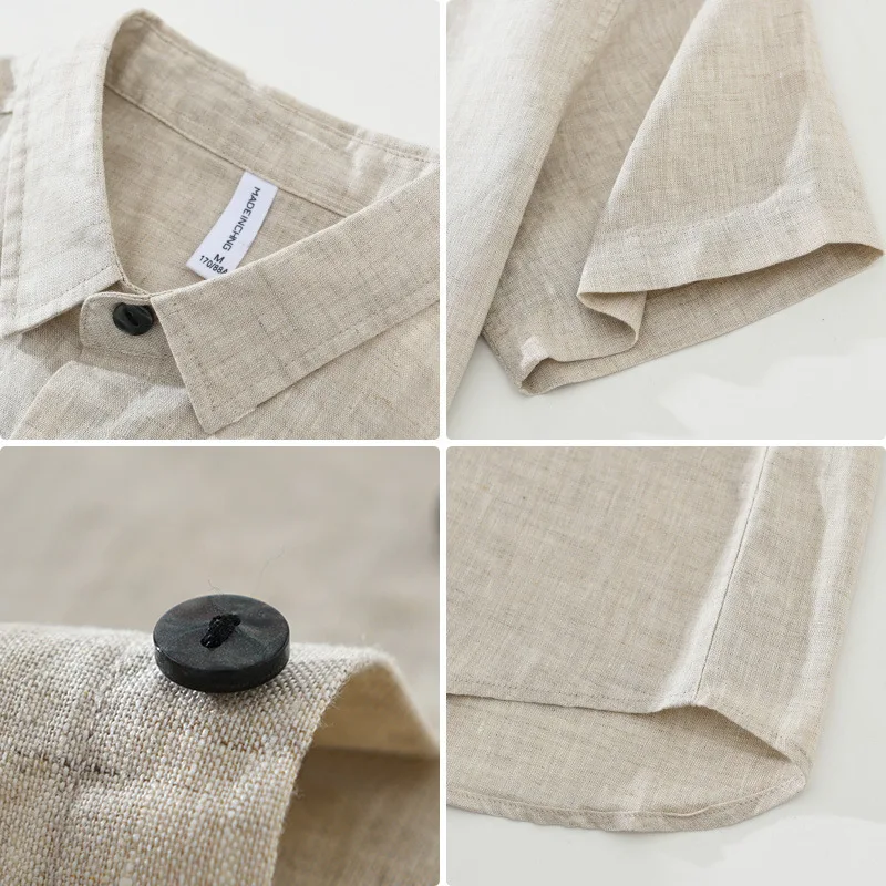 Summer Colored Linen Short-sleeved Shirt for Men, Loose and Breathable Solid-color High-end Shirt, Retro Square Neck Top Fashion