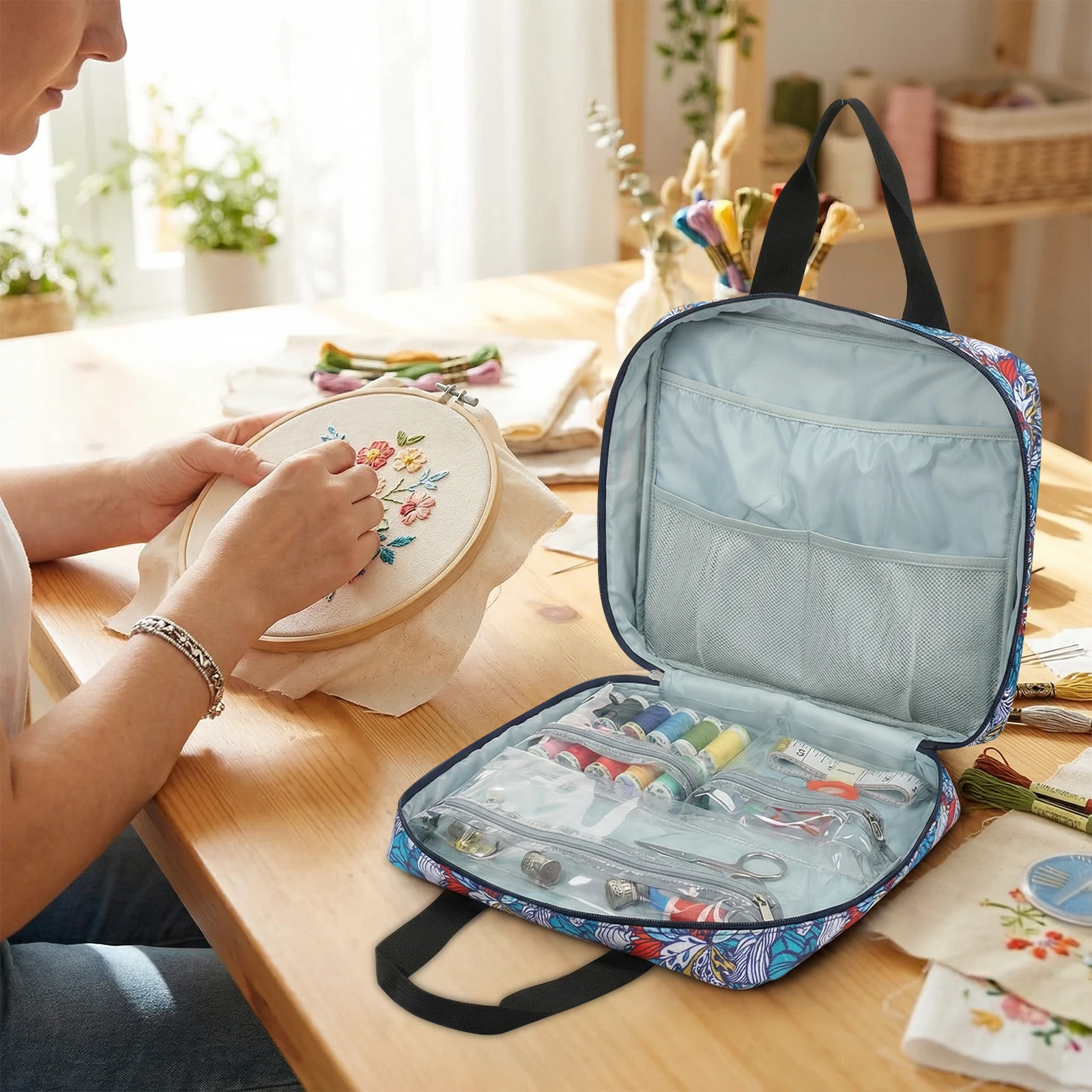 

Embroidery Project Bag Organizer Embroidery Supply Storage Bag with Multi Pocket Portable Carrying Tote for Thread Tool Cross
