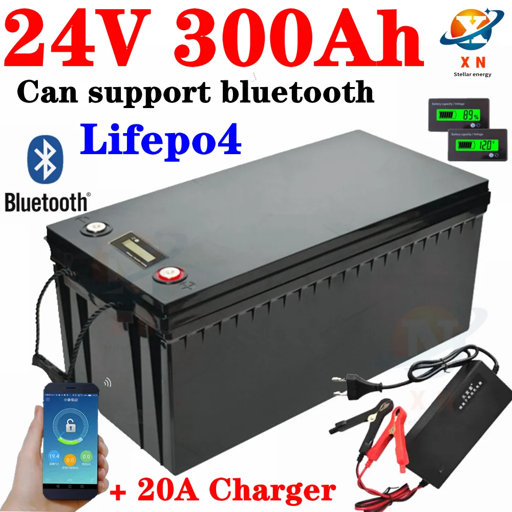 

Waterproof 24V 300AH lifepo4 lithium Battery bluetooth APP BMS for 2400W Inverter Solar Systems golf cart + 20A Charger