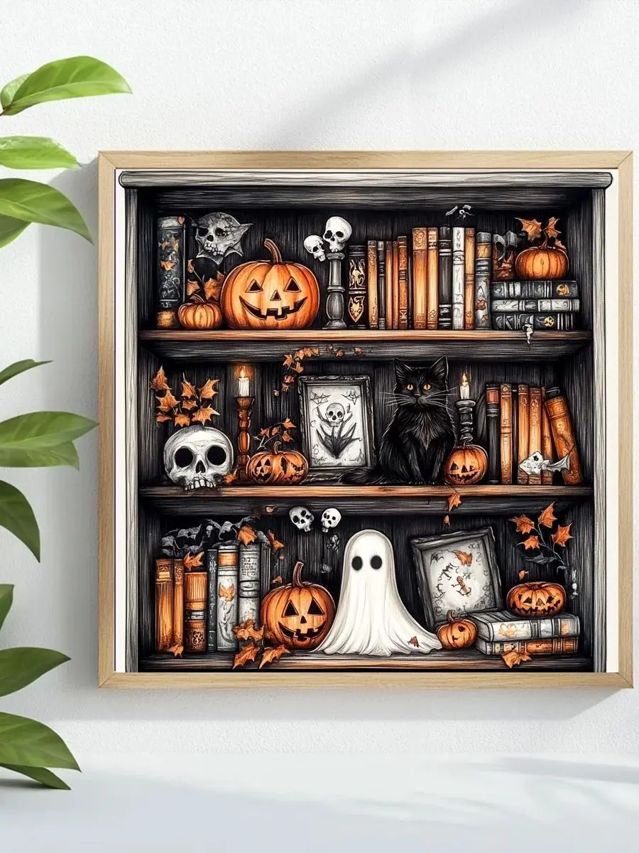 1 Stück 40x40 cm/15,74 Zoll Halloween-Bücherregal Kreuzstich-Set DIY-Set 11CT/14CT Vollstickerei Hängende Malerei Öko-Baumwollfaden – Detail 1