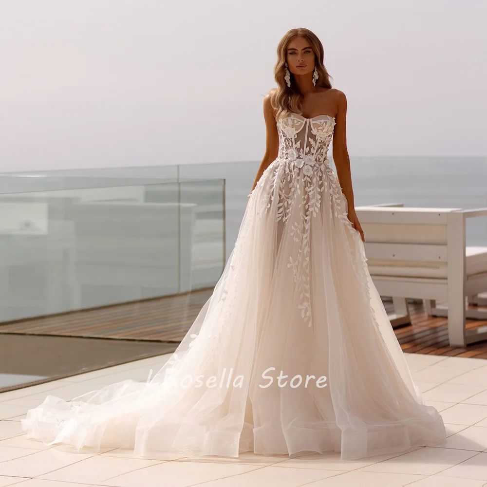 LRosella Wedding Dress Tulle Strapless A-Line Flower Sleeveless Elegant Sexy Exquisite style Luxury  فساتي2024 with Sweep Train