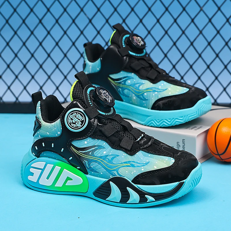 Kids Rotary Buckle Basketball Sneakers Breathable Upper Non‑Slip Shock‑Absorbing Sole Athletic Shoes For Boys Sports Daily Wear