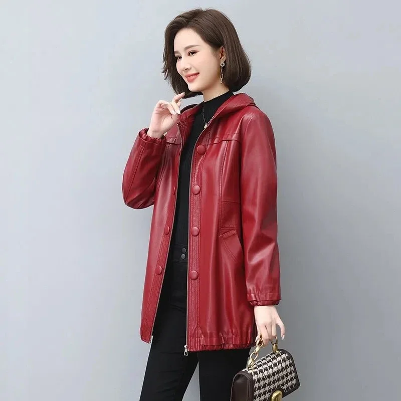 Black PU leather Jacket Women\'s 2024 Spring Autumn New Slim Hooded Leather Windbreaker Coat Thicken Cotton Long Parkas Overcoat