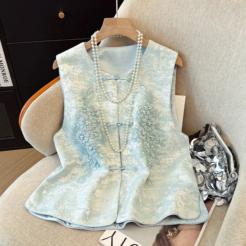 

Женский жилет с тяжелой вышивкой бисером, топы в национальном стиле, удобный отдых, темпераментный воротник-стойка, китайский жилет