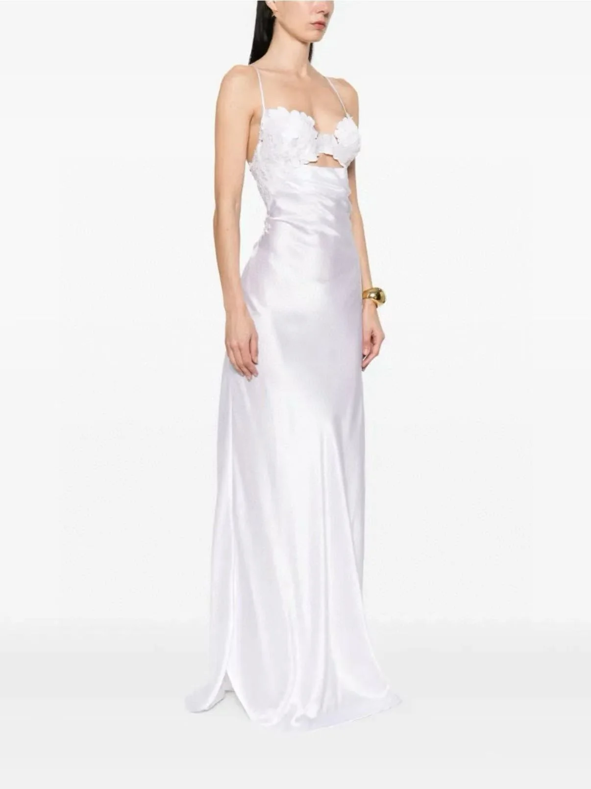 

Sexy Spaghetti Strap Backless White Long Evening Dress Women's Luxury Patchwork Lace Satin Silk Dress