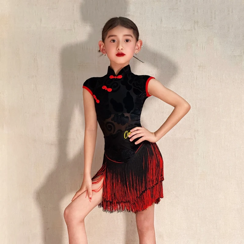 

Chinese Style Kids Professional Dancing Dresses Girls Latin Dance Competition Costume Black Latin Dance Tassels Dress XS9448