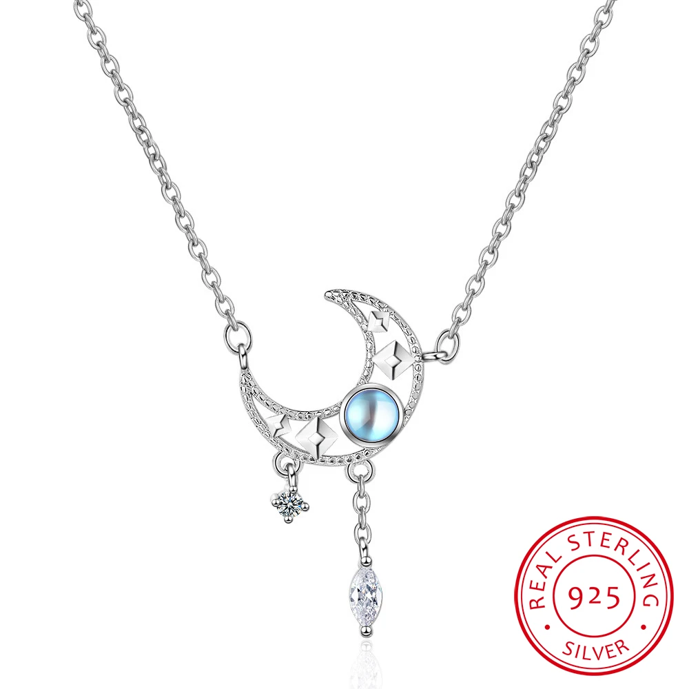

Sweet 925 Sterling Silver Moonstone Star Moon Tassel Necklaces For Women choker collares Colar de Prata Wedding Jewelry