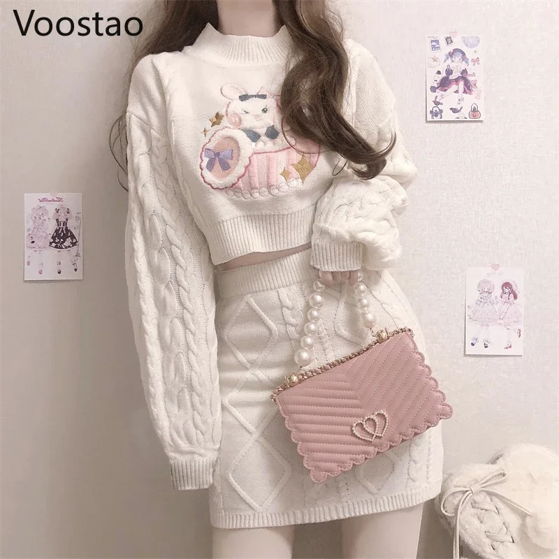 Autumn Winter Sweet Lolita Style Skirt Sets Japanese Girls Cute Rabbit Embroidery Kintted Sweater Skirts Spring Women 2PC Set