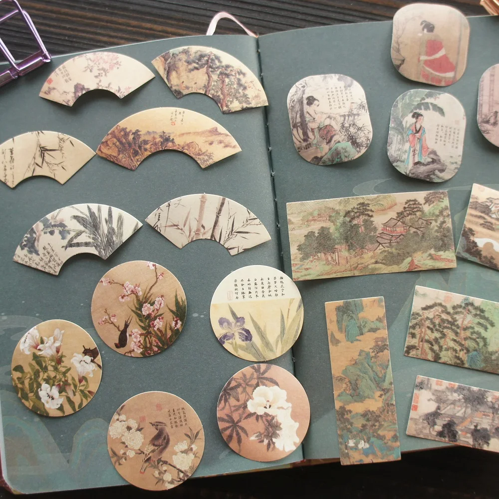 38pcs Famous Ancient Paintings of China Style Paper Transparent Sticker Scrapbooking DIY Gift Decoration Tag