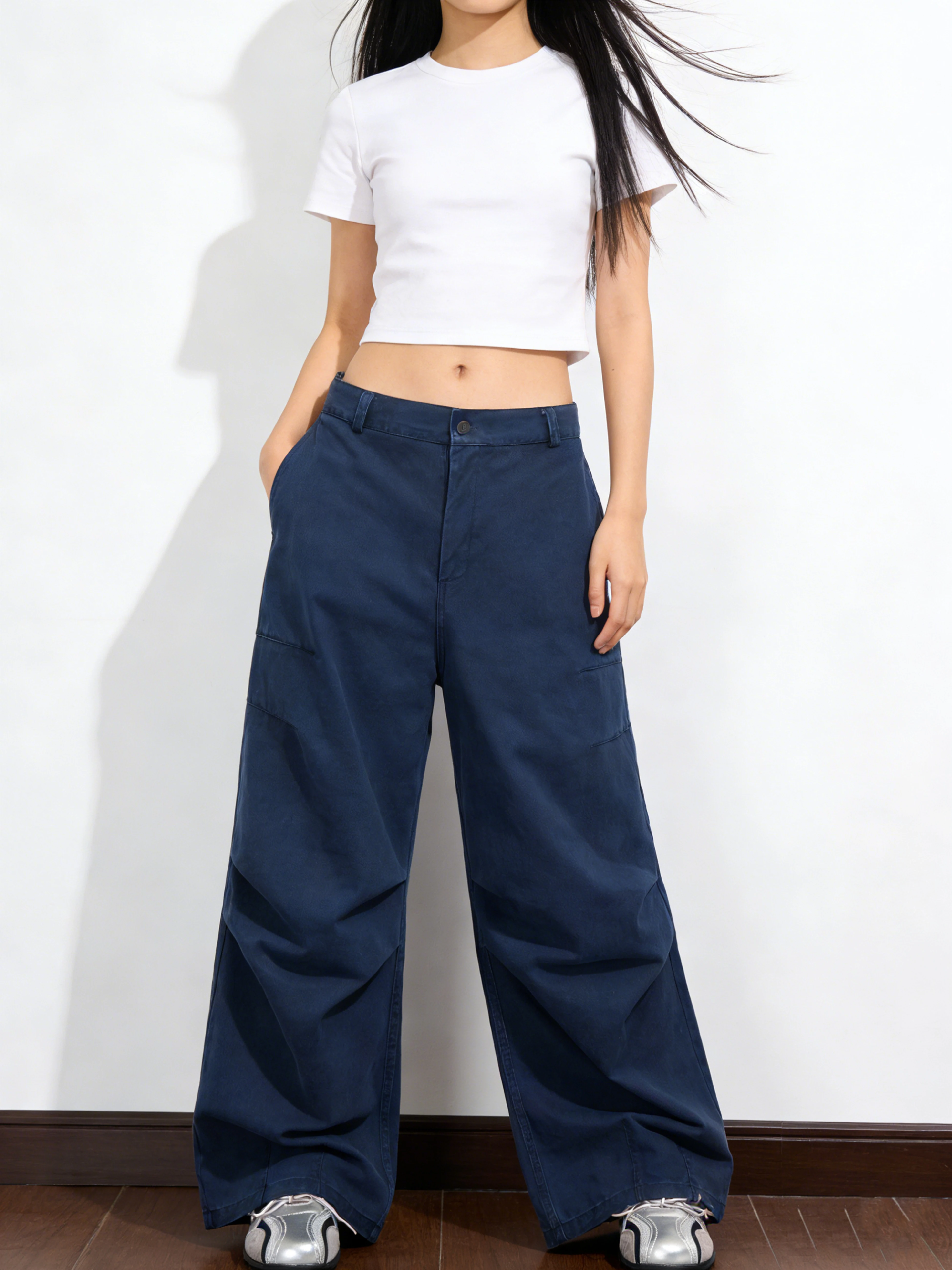 

American Style Relaxed Cargo Pants Women's Loose Wide Leg Pleated Design Street Couple Workwear Cotton Natural Waist Button
