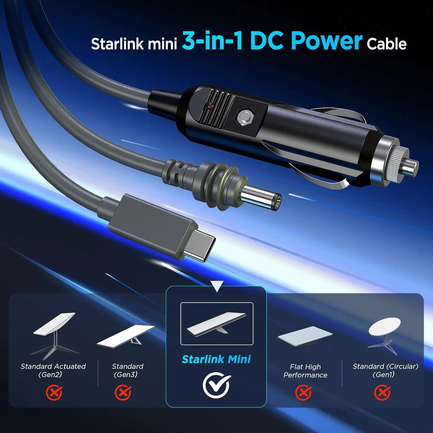 16AWG Drei-in-Eins-Kabel, geeignet für Starlink Mini. USB C 100 W/Autoladegerät/DC-Schnittstelle, Zubehör für erweitertes Netzkabel.