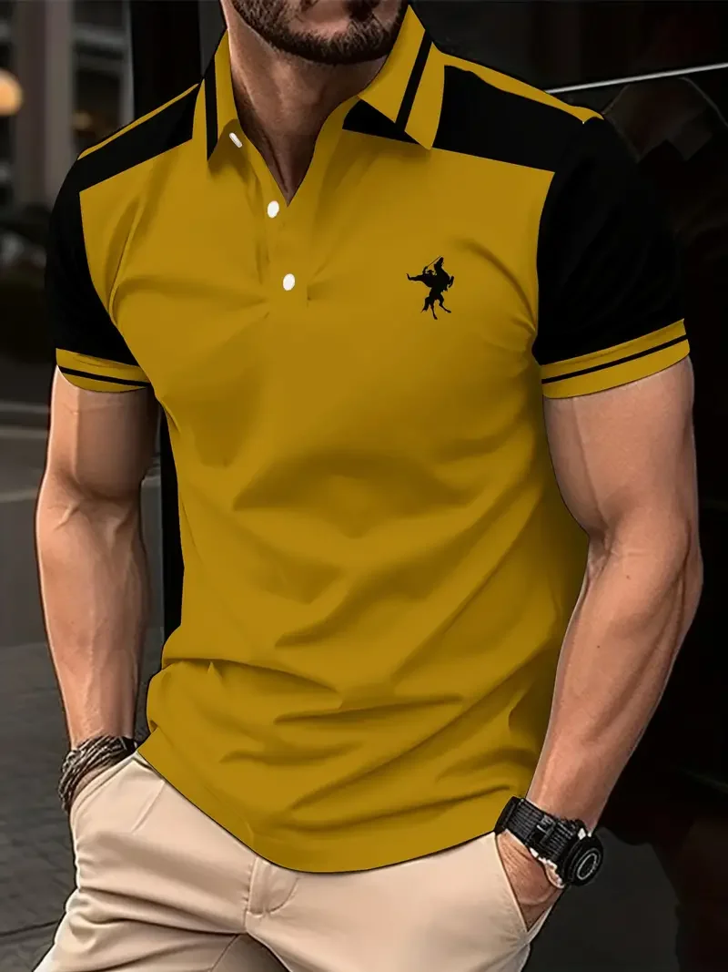Men's color blocked short sleeved lapel golf shirt with casual style slight elasticity regular summer loose fit golf Men shirt