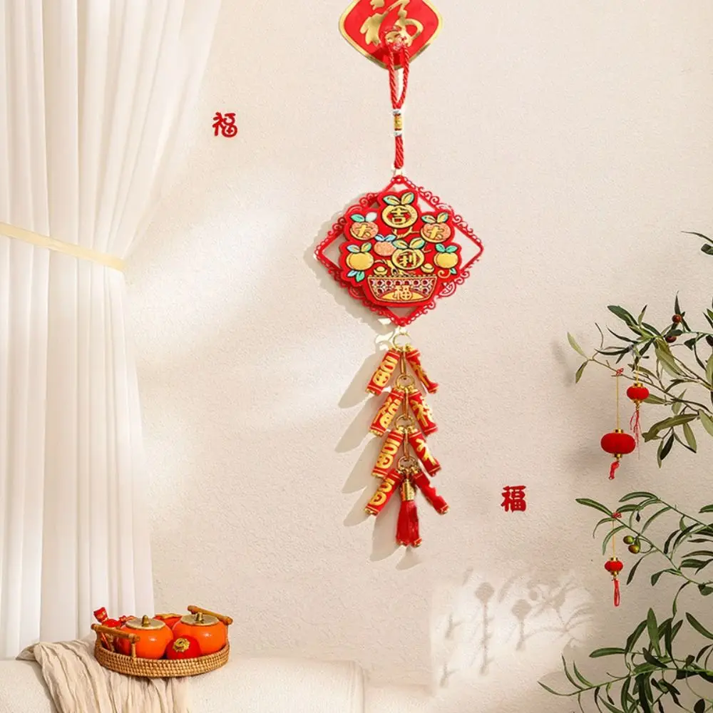 Dragon Pattern Firecracker String Pendant with Tassel Red Flocking Spring Festival Hanging Ornament Hollow Good Luck Ornaments