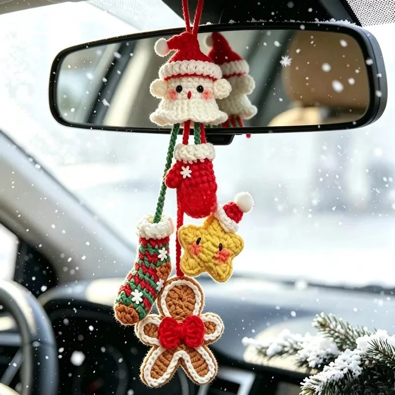 Handmade Crochet Christmas Car Rearview Mirror Hanging Ornament,Santa Bell Gingerbread Man Star Socks Glove Car Interior Decor