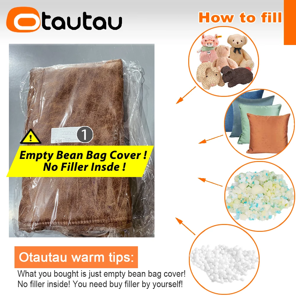OTAUTAU Faux Retro Suede Leather Bean Bag Cover Without Filler Lazy Chaise Lounger Floor Sofa Bed Big Couch Pouf SF151 view 2