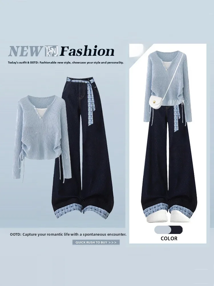 

Summer Long Sleeve Knitted Blue Two-Piece Set Base Shirt Top with Wide Leg Jeans Inner Wear Women's Fashion Ensemble