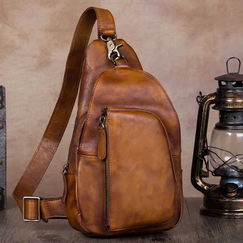 

Men's Handmade Leather Bag Male Bag Shoulder Messenger Bag Retro Chest Bag First Layer Cowhide 2020 New Soft Leather Slit Pocket