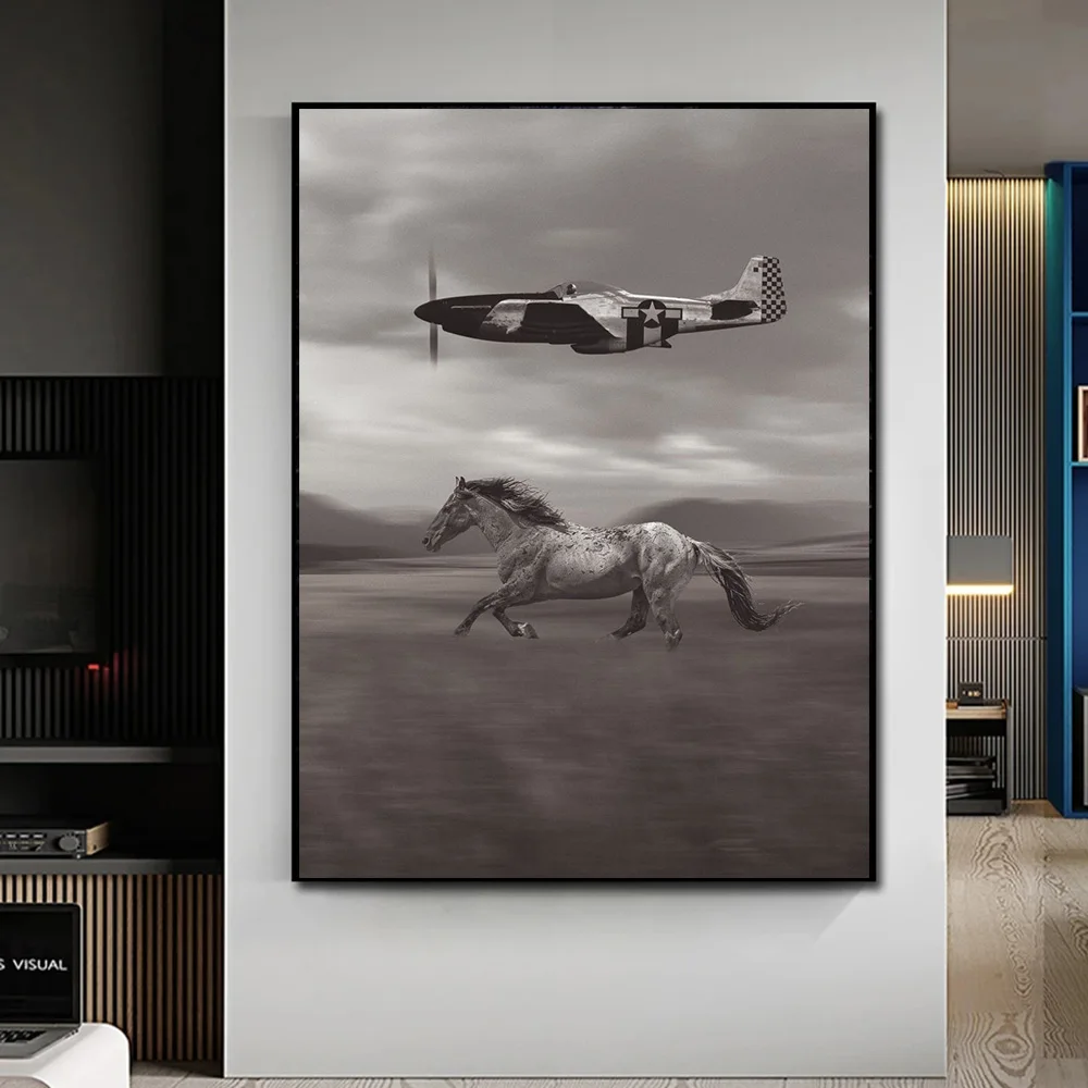 Wild Horse And Warplanes Poster Prints For Living Room Home Decor P51 Mustang Fighter Aircrafts Canvas Painting Wall Art Cuadros