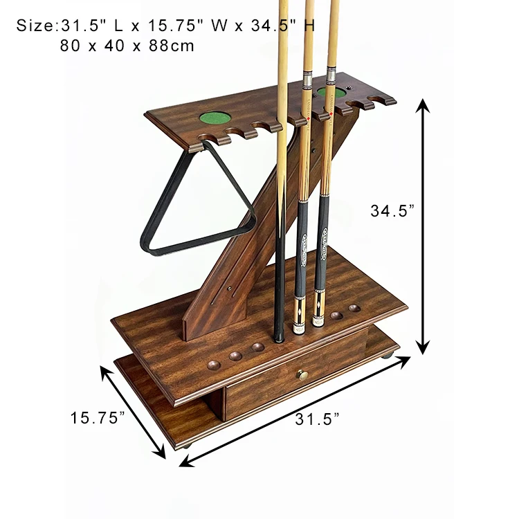 Pool-Queue-Rack für bis zu 6 Stäbchen und Billardzubehör. Bodenständer Pool Queue Holder aus massivem Hartholz