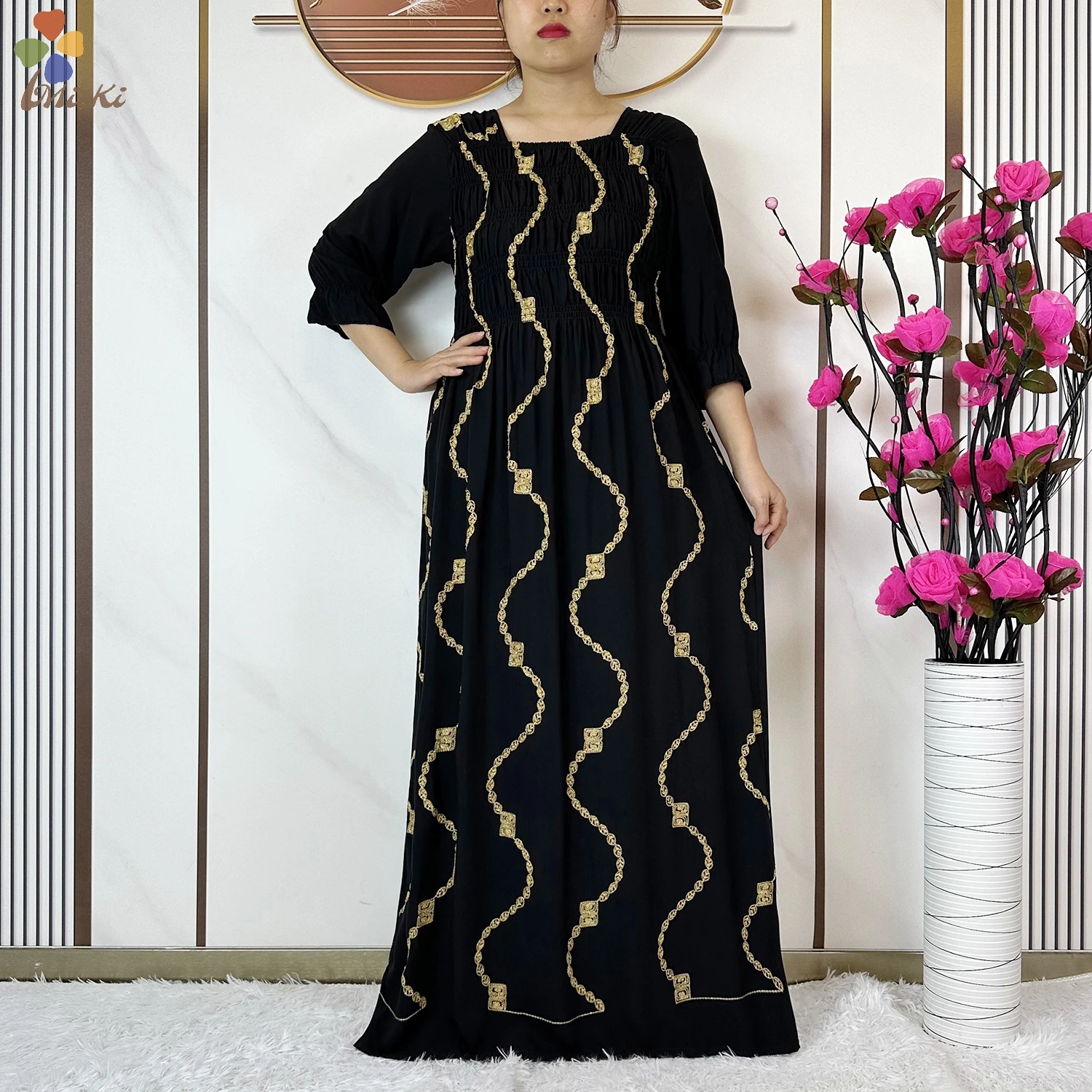 Muslim Fashion Women Party Clothing Cotton Half Sleeve Elastic Waist Dress Boubou Maxi African Abaya Dress Islamic Women Dress