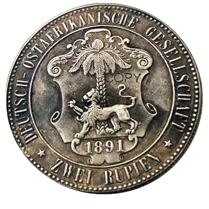 

1891 г., император 1 Rupie Coin Guilelmus II, Посеребренная копировальная монета, Германия, Восточная Африка