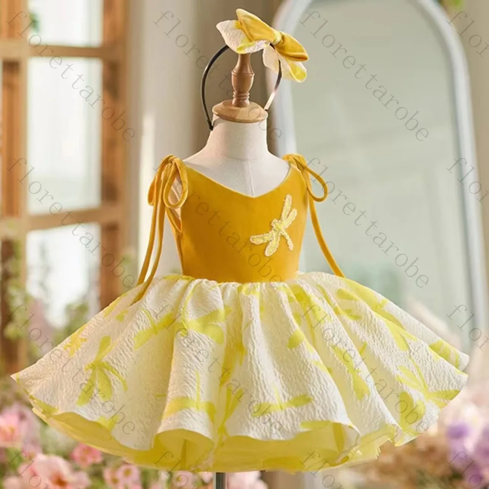 Customized Yellow Flower Girl Dress A Line Short V Neck Sleeveless Velvet Jacquard Dragonfly Bow Headband Wedding Kids Gown