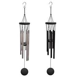 Wind Chimes | Natural Wood Top & Charm | Hand-Tuned Medium Wind-Chime （Silver/ Black ）