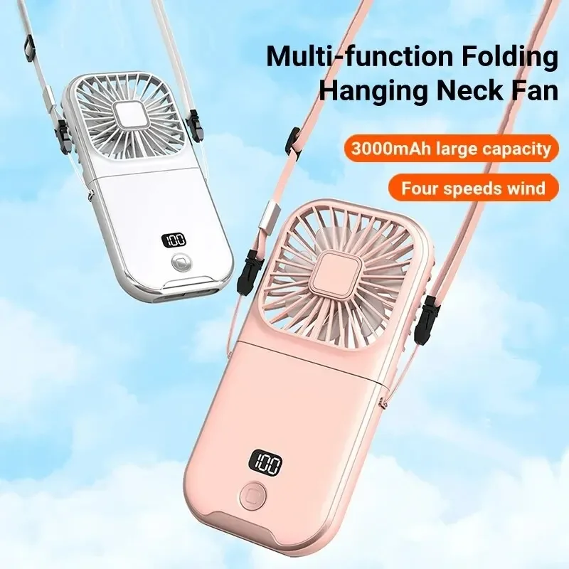 3000mAh Battery Powered Mini Portable Outdoor Handheld Fan Neck Fan USB Rechargeable 180° Folding Wireless Desktop Air Cooling